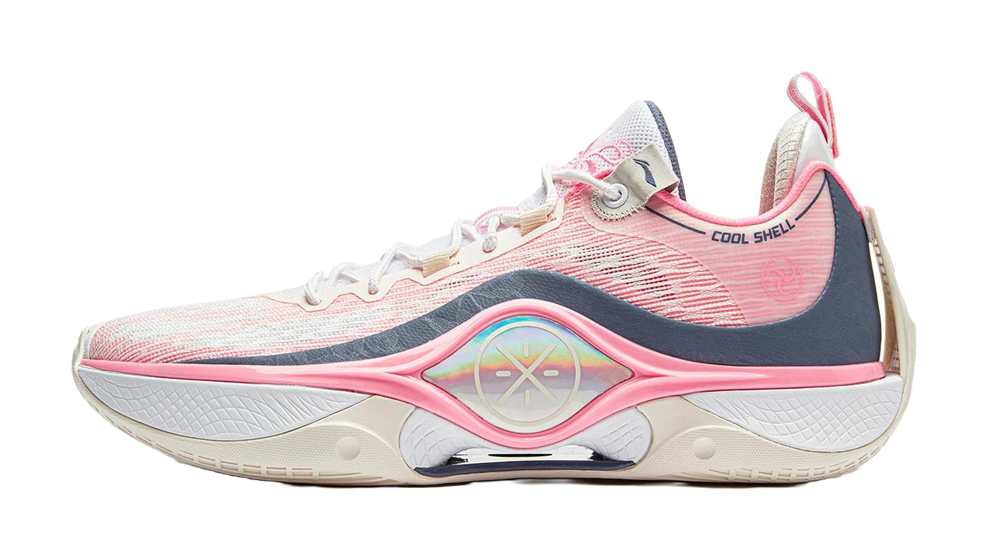 Basketball shoe with white mesh upper, pink accents, and dark blue side panel