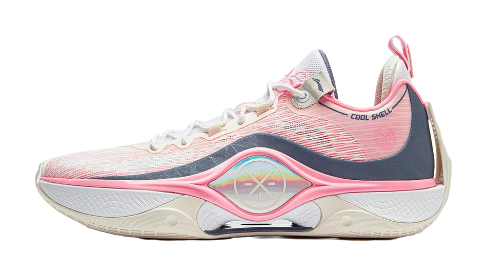 Basketball shoe with white mesh upper, pink accents, and dark blue side panel