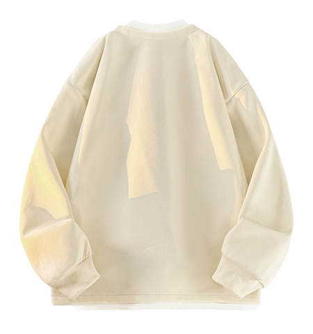 Warrior Revival Wind and Wave Series American Trendy College Style Letter Print Color Contrast Splicing Fake Two Piece Loose Casual Versatile Hoodie Bottom Wear Warm Henley Collar Long Sleeve T-shirt Unisex  vjsneaker.com