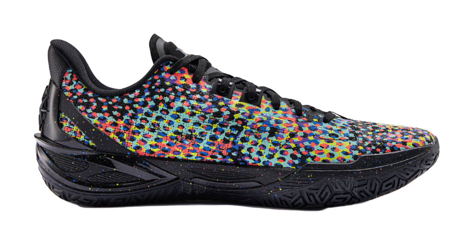 Unisex basketball shoes, lateral side view, black outsole with multicolor upper