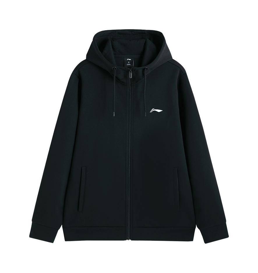 Black zip-up badminton hoodie with drawstring hood, zip front, and small chest logo