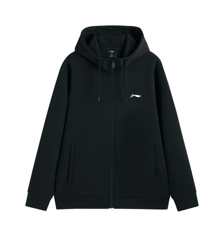Black zip-up badminton hoodie with drawstring hood, zip front, and small chest logo