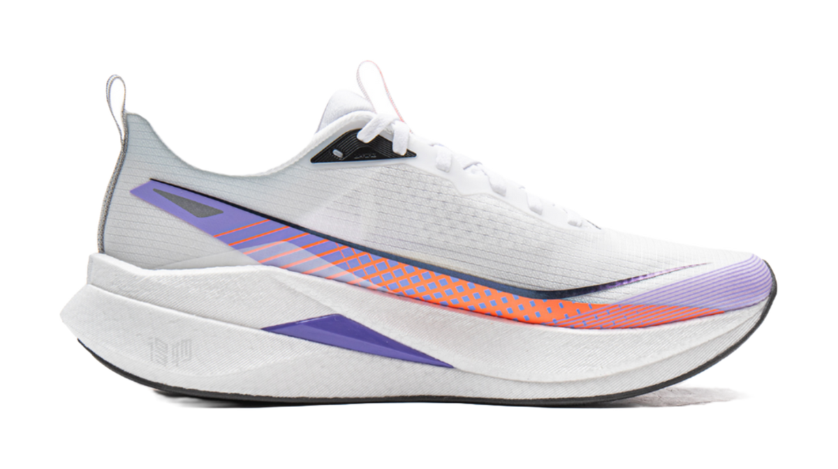 White running shoe with purple heel panel, orange-blue stripe detail, and white laces