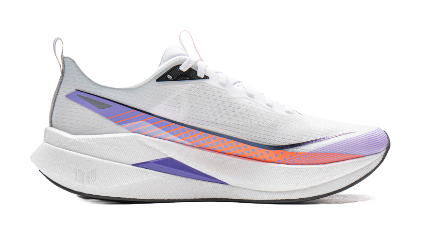 White running shoe with purple heel panel, orange-blue stripe detail, and white laces