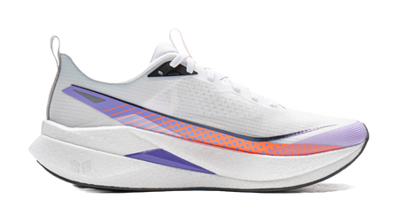 White running shoe with purple heel panel, orange-blue stripe detail, and white laces