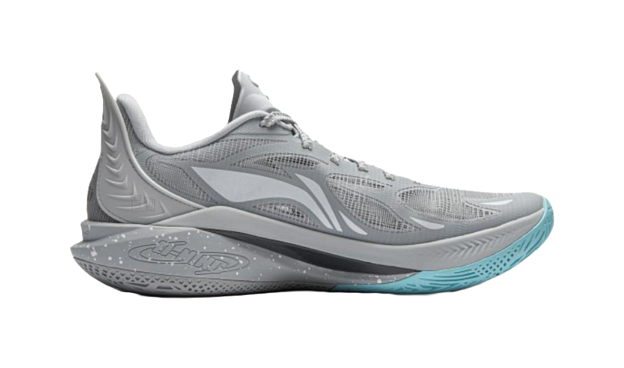Light gray basketball shoe with wave-pattern midsole, teal outsole edge, lace-up design