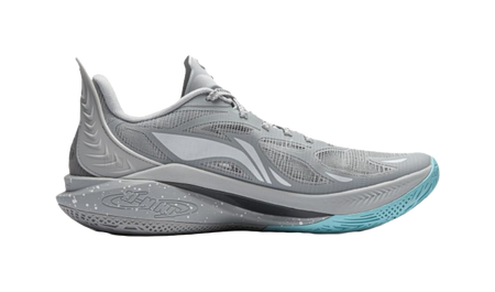 Light gray basketball shoe with wave-pattern midsole, teal outsole edge, lace-up design