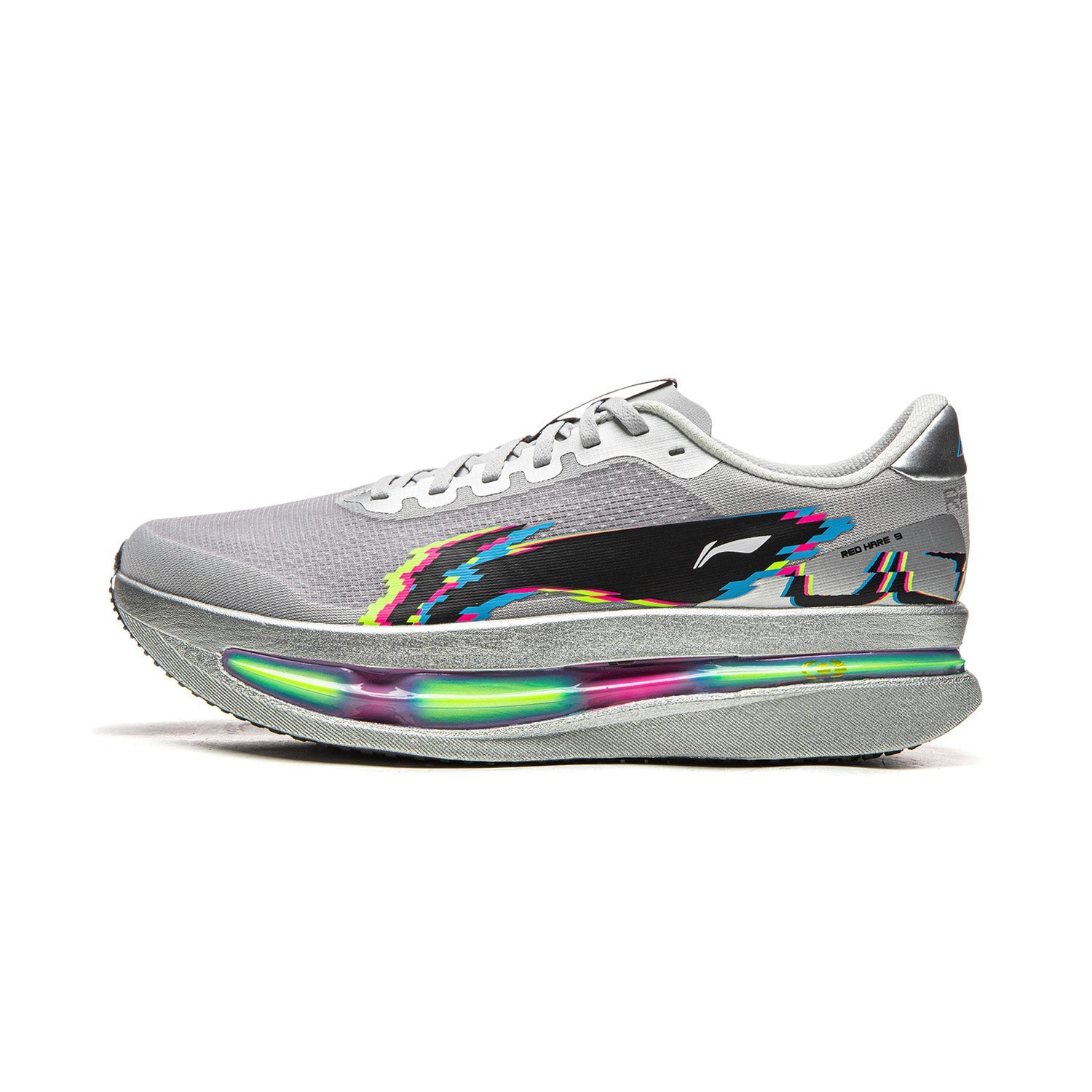 crystal gray running shoes with multicolor side graphic and rainbow trim midsole