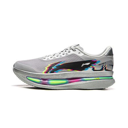 crystal gray running shoes with multicolor side graphic and rainbow trim midsole