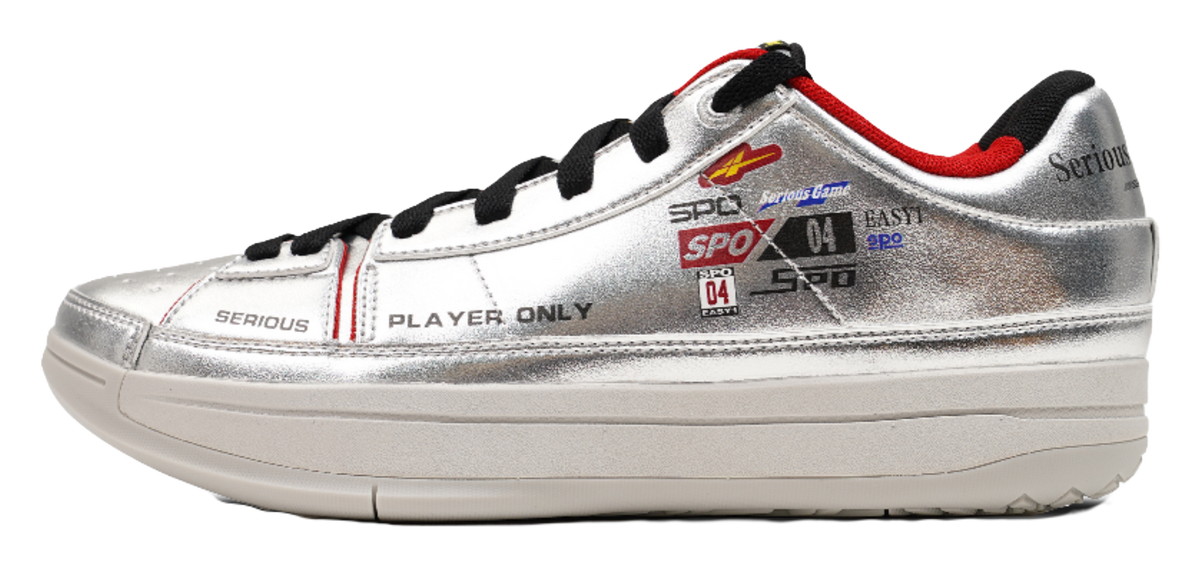 Silver basketball shoes with black laces, red accents, platform sole