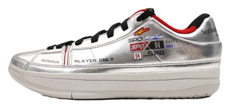 Silver basketball shoes with black laces, red accents, platform sole