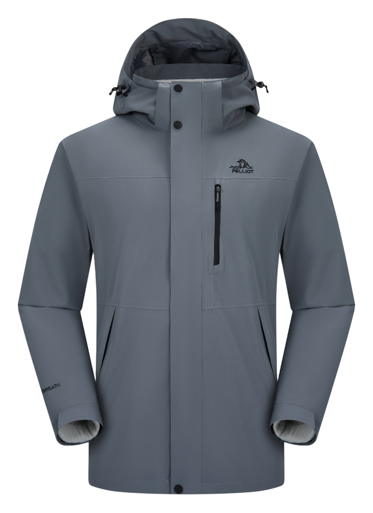 Light blue men’s hooded windbreaker jacket with zip front and vertical chest zip