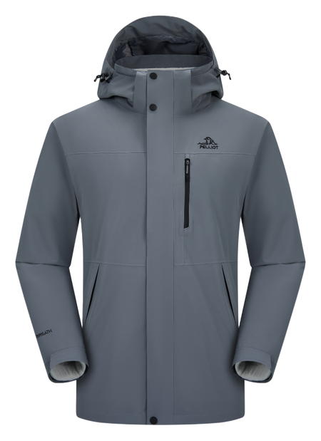 Light blue men’s hooded windbreaker jacket with zip front and vertical chest zip