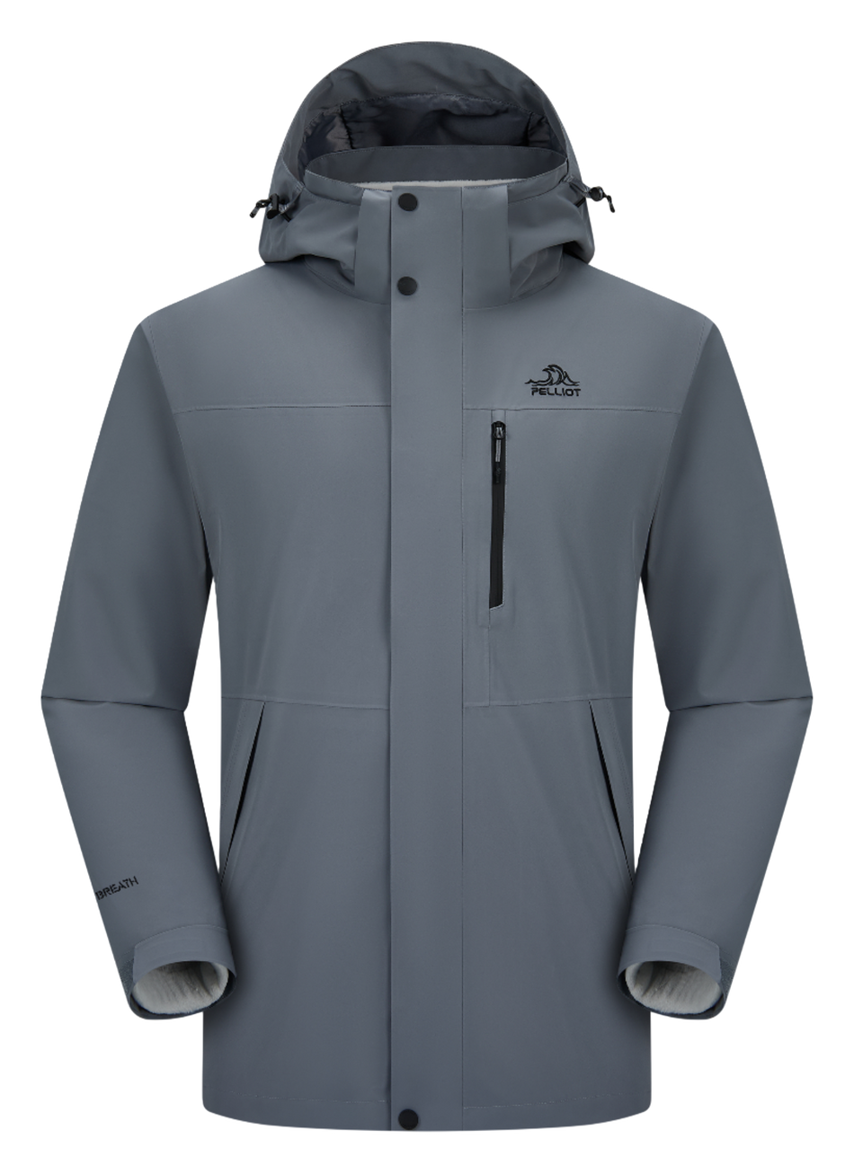 Light blue men’s hooded windbreaker jacket with zip front and vertical chest zip