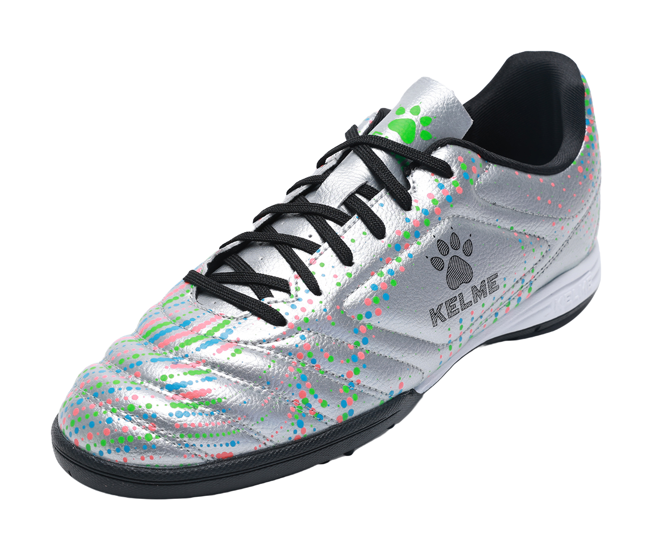 Silver unisex TF turf soccer shoe, lace-up with multicolor dot print and green accent