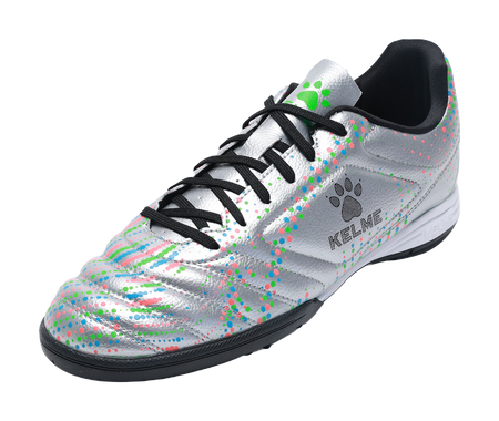 Silver unisex TF turf soccer shoe, lace-up with multicolor dot print and green accent