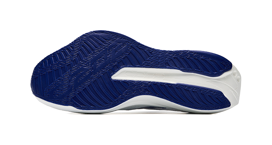 Blue-and-white outsole tread view of a low-top running sneaker