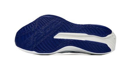 Blue-and-white outsole tread view of a low-top running sneaker