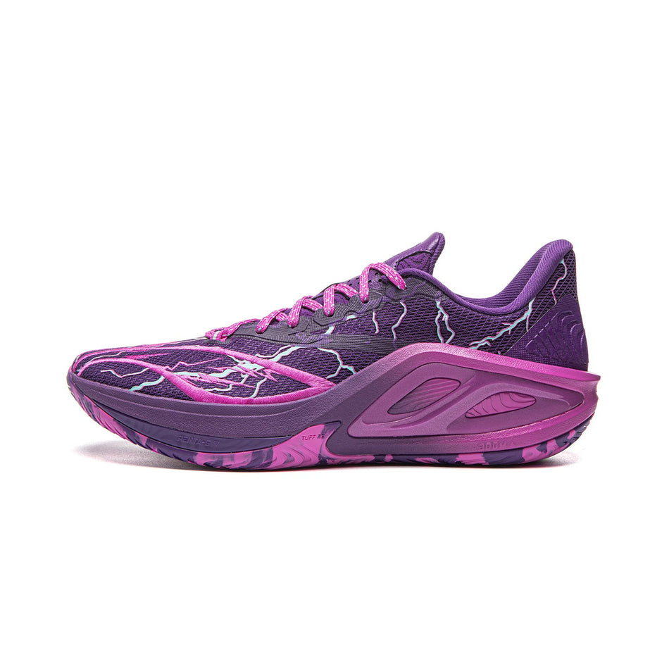 Men's purple basketball shoes with pink laces and flame-like side graphics