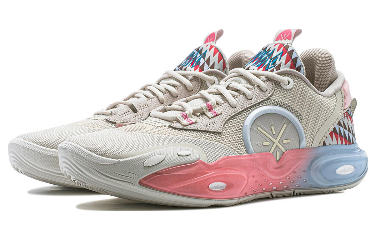 Pair of beige basketball shoes with mesh uppers, geometric heel panel, and pink-blue midsole.