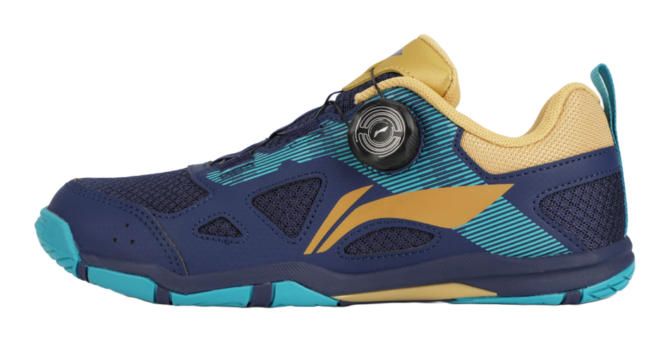 Unisex low-top training shoes in navy, gold, and teal with lace-up and side straps