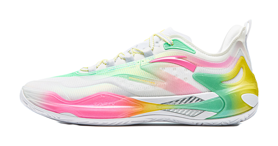 White basketball shoe with green, pink, and yellow accents; lace-up, low-cut.