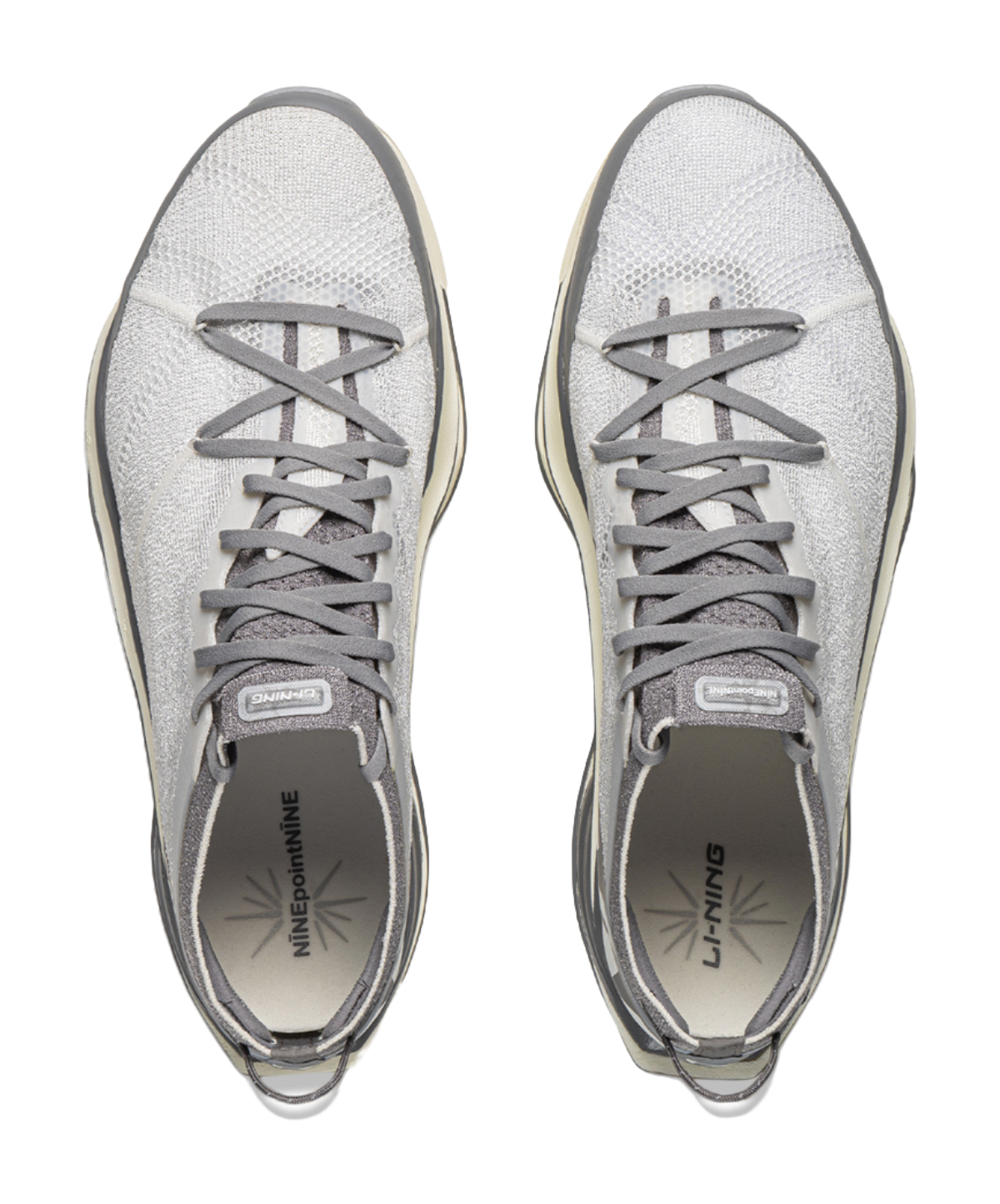 Pair of Li Ning x NINEPointNINE low-top running shoes, white knit uppers, gray laces