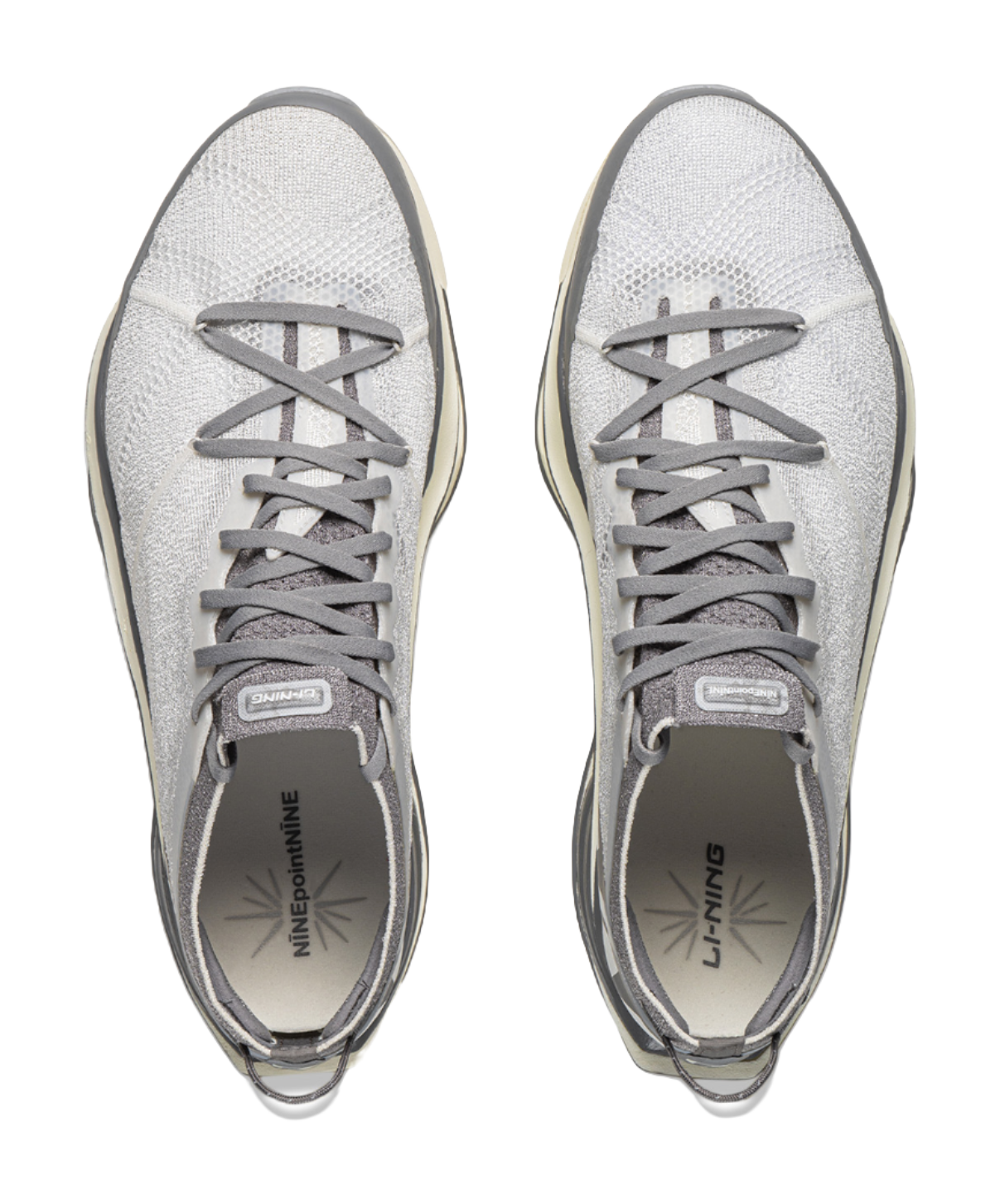 Pair of Li Ning x NINEPointNINE low-top running shoes, white knit uppers, gray laces