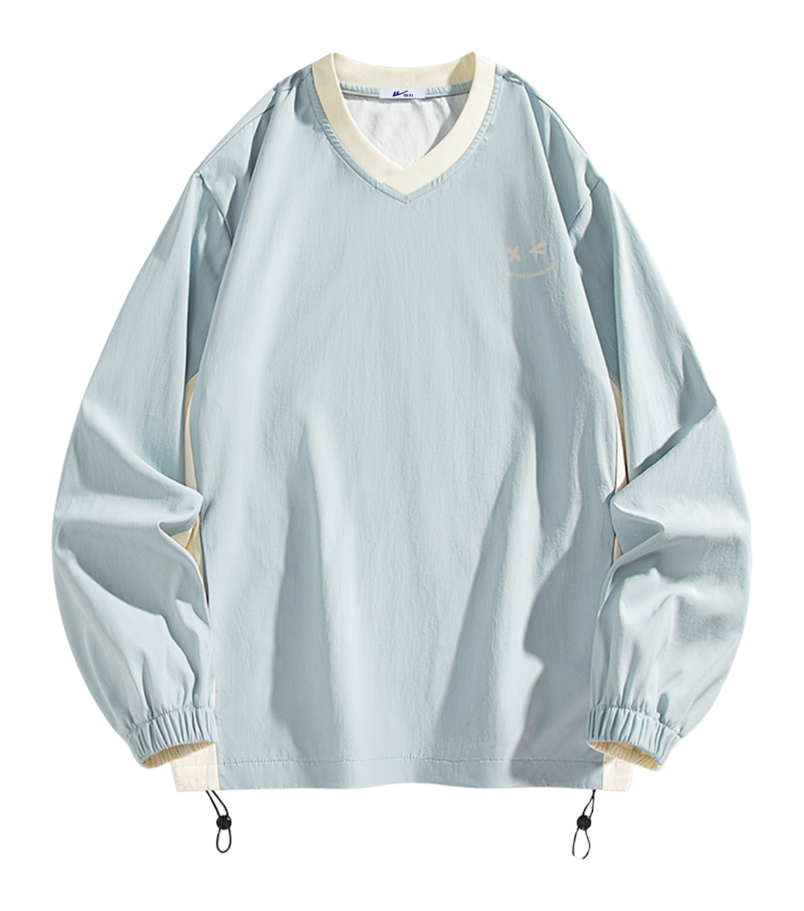 Warrior Revival Cloud Sail Series American Trendy College Style Contrast Ribbed Bottom Adjustable Smiling Face Letter Printed Loose Casual Versatile Hoodie Bottom Shirt Outer Wear Inner Wear Hoodie Long Sleeve T-shirt Unisex  vjsneaker.com