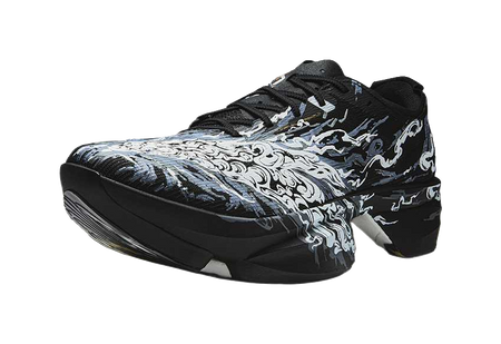 Anta low running shoe, black and white swirl pattern, textured mesh and lace-up