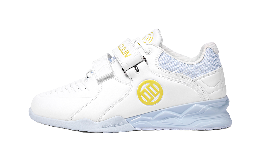 White low-top training shoes with light blue mesh panels and yellow logo