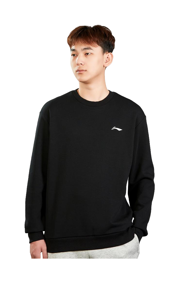 Li-Ning men’s black crewneck sweatshirt worn by model, white chest logo