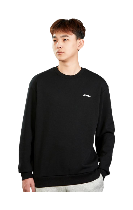 Li-Ning men’s black crewneck sweatshirt worn by model, white chest logo