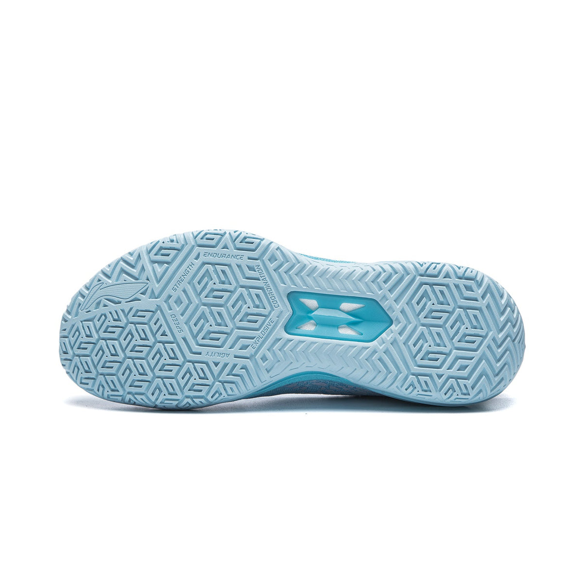 Light blue basketball shoe outsole with grip tread and geometric traction pattern