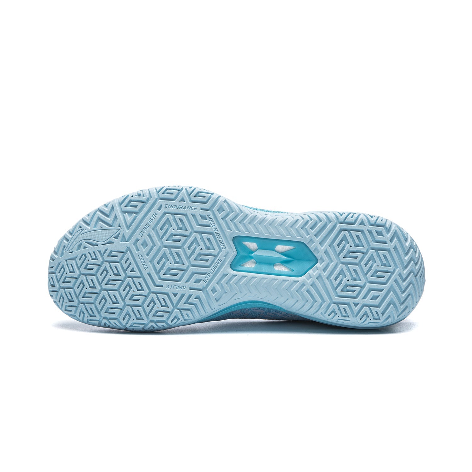 Light blue basketball shoe outsole with grip tread and geometric traction pattern