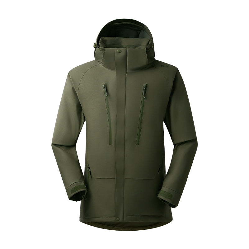 Olive green insulated down jacket with adjustable hood, full zip, and side pockets