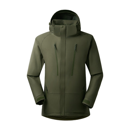 Olive green insulated down jacket with adjustable hood, full zip, and side pockets