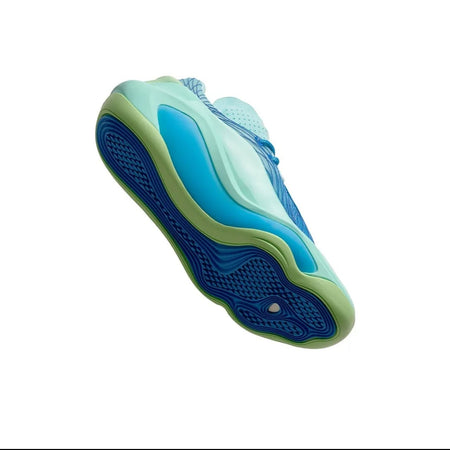 A single athletic sneaker shown from a side angle on a white background, with a black phone app interface around it. The shoe has a light blue and mint green upper with a darker blue textured sole.