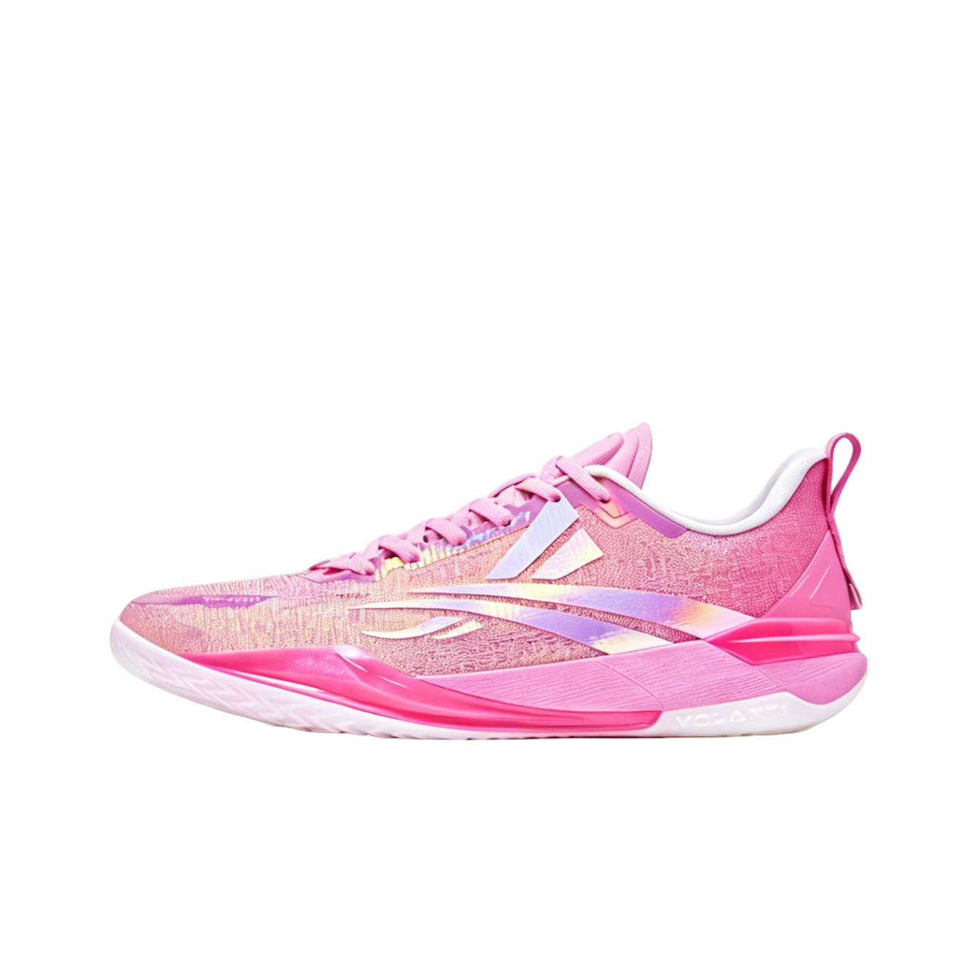 Pink lace-up basketball shoe with low profile sole and mesh upper
