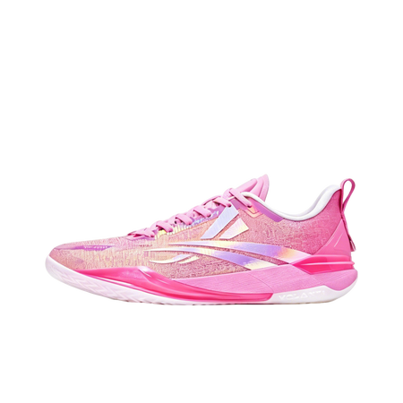 Pink lace-up basketball shoe with low profile sole and mesh upper