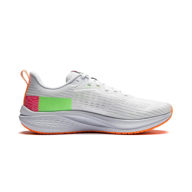Men's running shoes side view with white upper, green panel, pink detail, orange sole