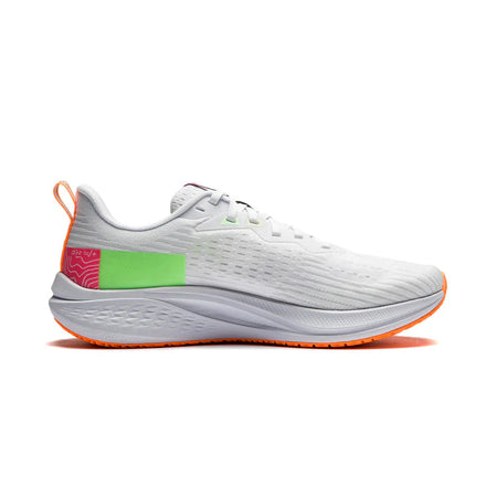 Men's running shoes side view with white upper, green panel, pink detail, orange sole