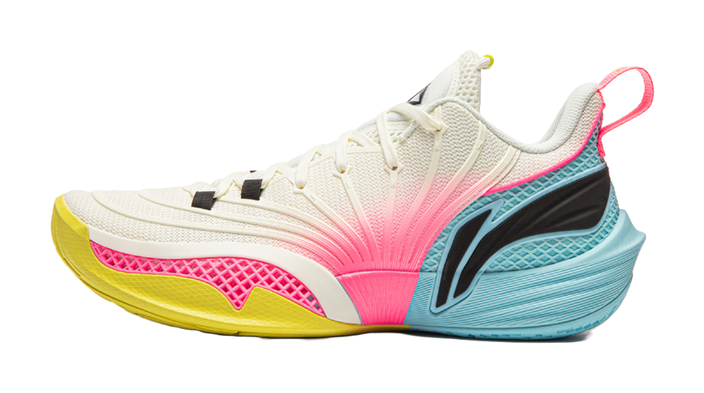 White and pink basketball sneaker with blue accents, mesh upper and lace-up closure.