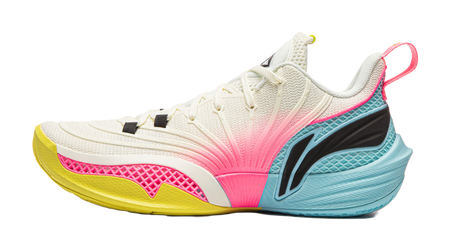 White and pink basketball sneaker with blue accents, mesh upper and lace-up closure.