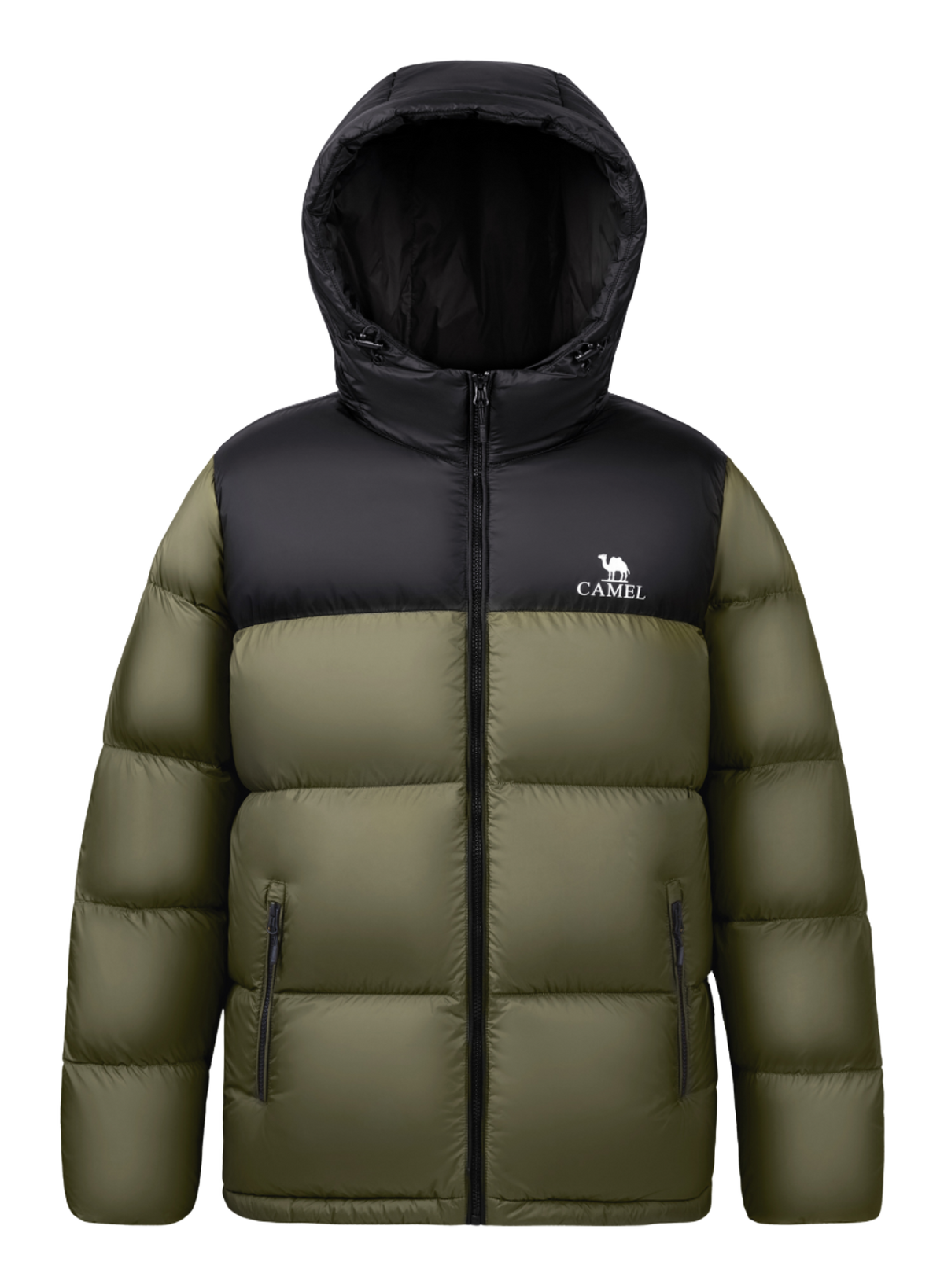 Unisex hooded down jacket in dark olive green and black color-block with full-zip front.