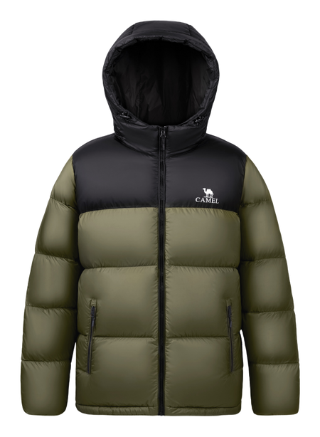 Unisex hooded down jacket in dark olive green and black color-block with full-zip front.