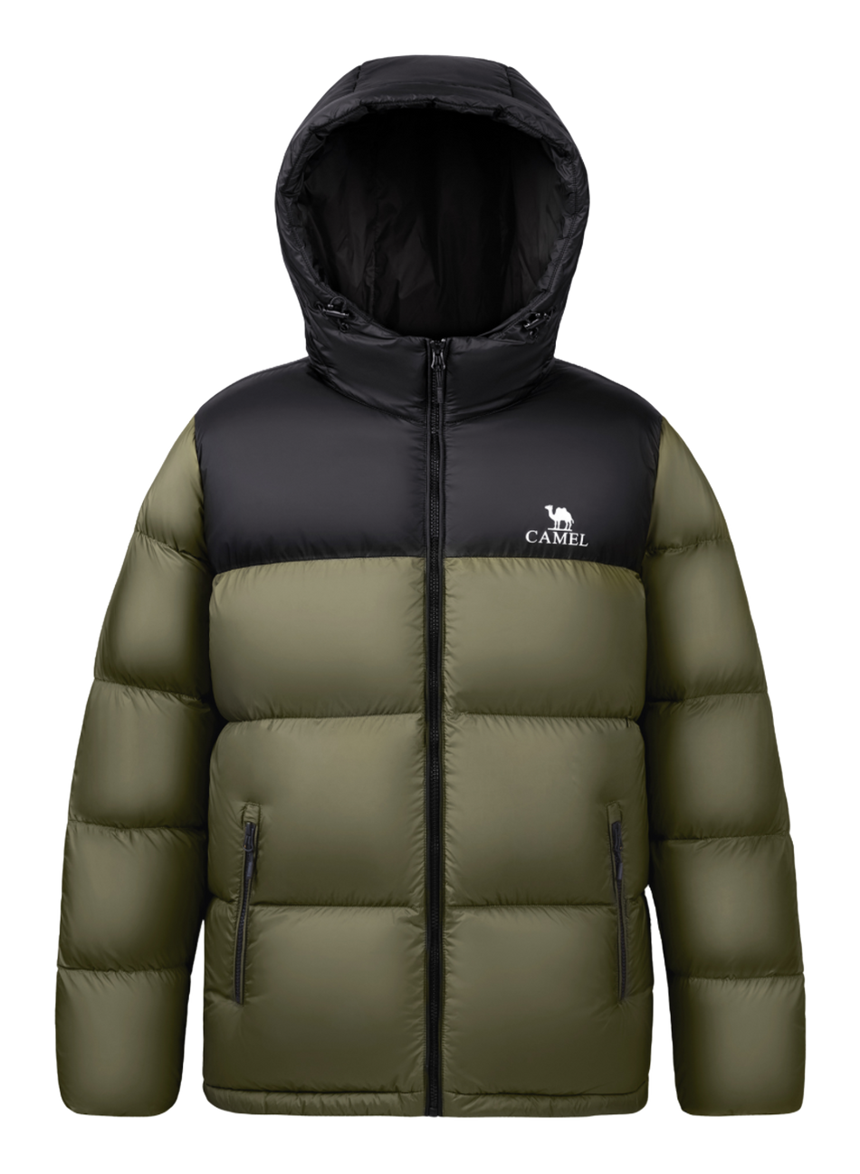Unisex hooded down jacket in dark olive green and black color-block with full-zip front.