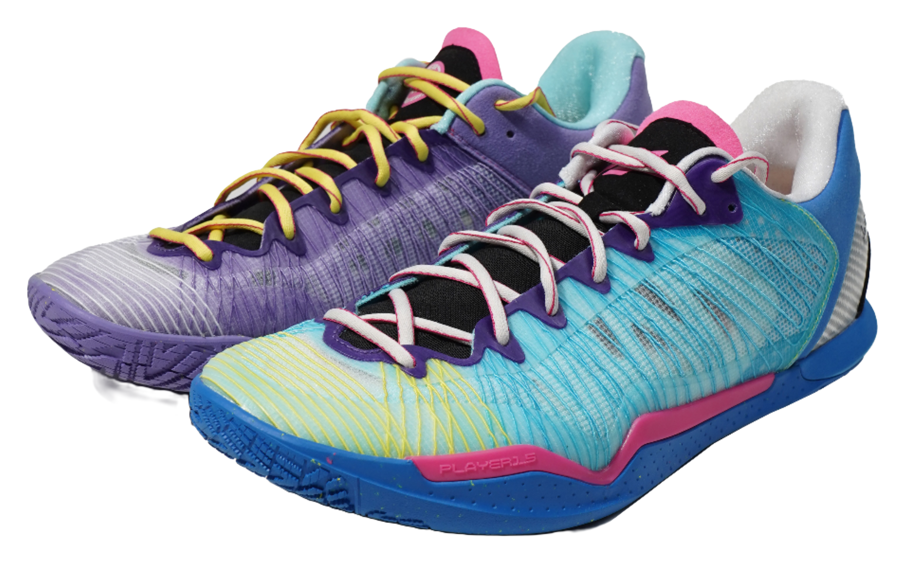 Low-top basketball shoes, purple and teal blue with pink accents, lace-up.