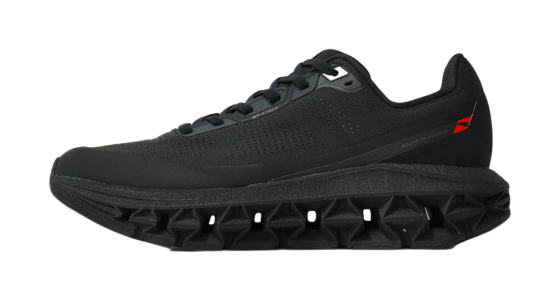 Men's running shoes in black with silver accents, lace-up knit upper, chunky tread.