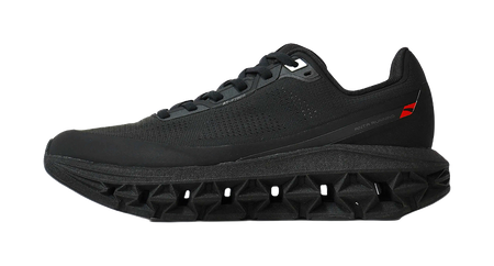 Men's running shoes in black with silver accents, lace-up knit upper, chunky tread.